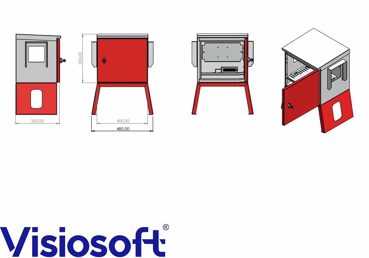 Visio Rack Kabin teknik çizimi: yan, ön ve açık kapaklı görünüşler ile izometrik görünüm